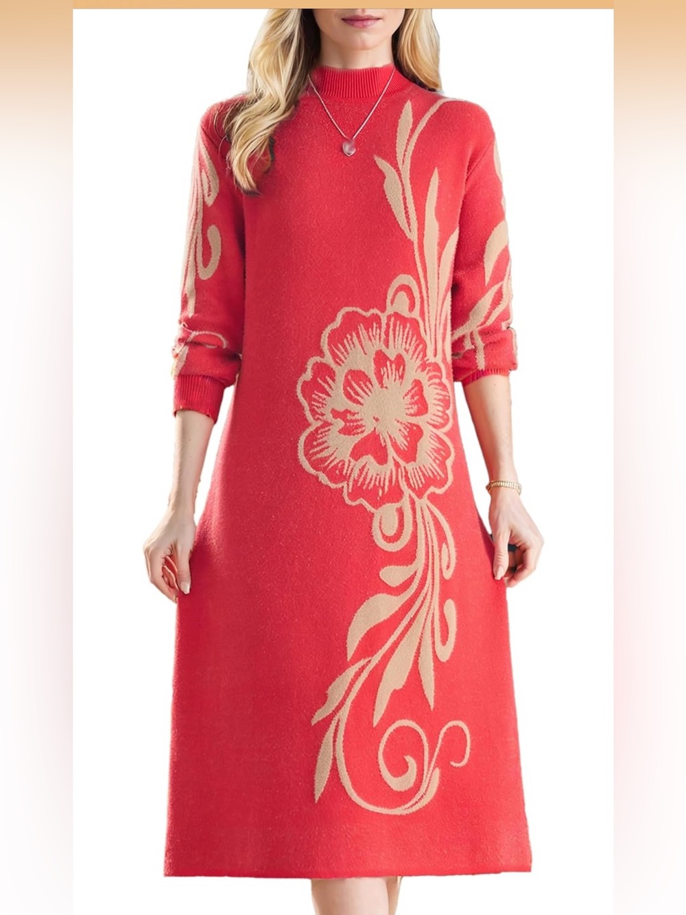 Womens Knit Crewneck Long Sleeve Floral Pullover Elegant Fall Winter knee length